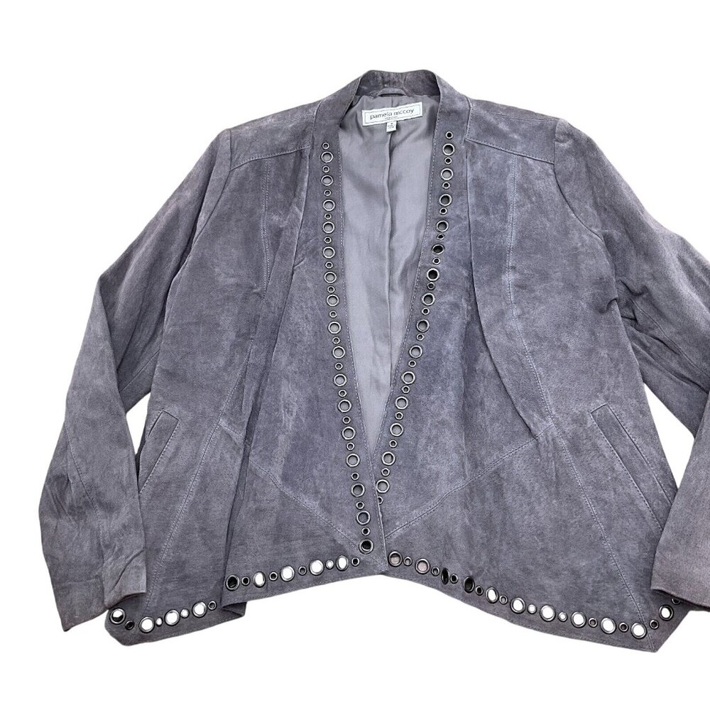 Pamela McCoy Jacket Women Medium Gray Suede Grommets Open Modern Moto Waterfall